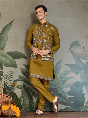 Mustard Yellow Royale Thread Embroidered Kurta Set with Jacket – Luxe Viscose Silk Style For Men's