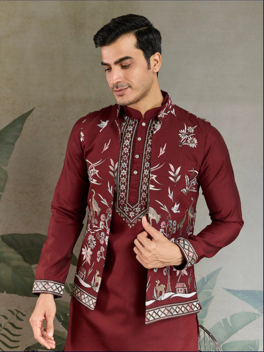RoyaleThread Men's Embroidered Kurta Set with Jacket – Luxe Viscose Silk Style For Men's