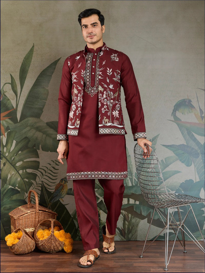 Maroon Royale Thread Men's Embroidered Kurta Set with Jacket – Luxe Viscose Silk Style For Men's