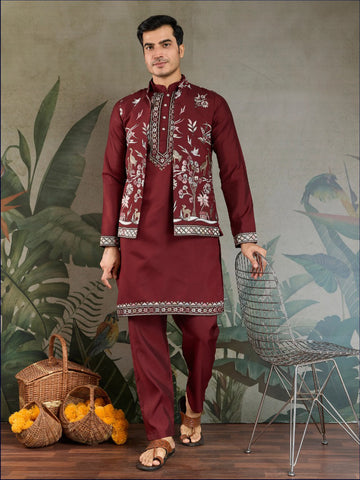 Maroon Royale Thread Men's Embroidered Kurta Set with Jacket – Luxe Viscose Silk Style For Men's