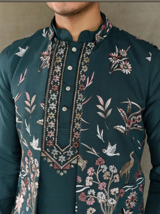 RoyaleThread Men's Embroidered Kurta Set with Jacket – Luxe Viscose Silk Style For Men's