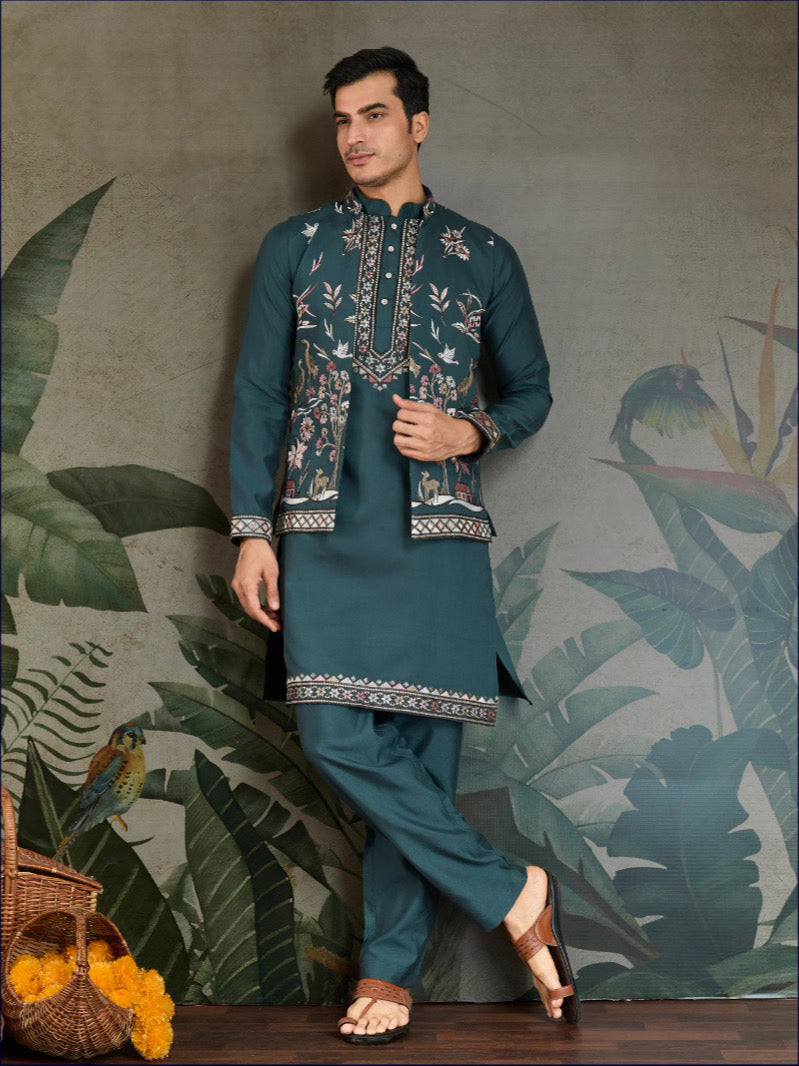 Teal Green Royale Thread Men's Embroidered Kurta Set with Jacket – Luxe Viscose Silk Style For Men's