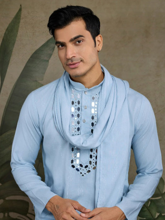 New Exclusive Festival Wear Real Mirror Work Men's Kurta Set With Dupatta Collection