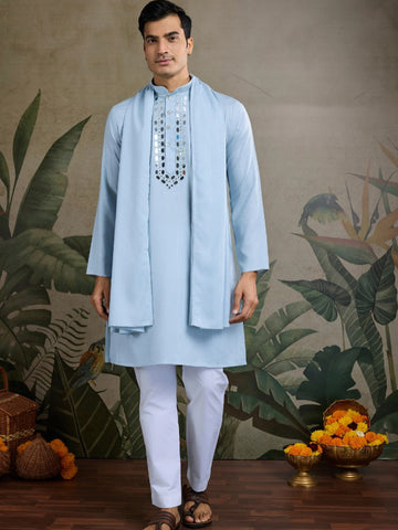 New Exclusive Festival Wear Real Mirror Work Men's Kurta Set With Dupatta Collection