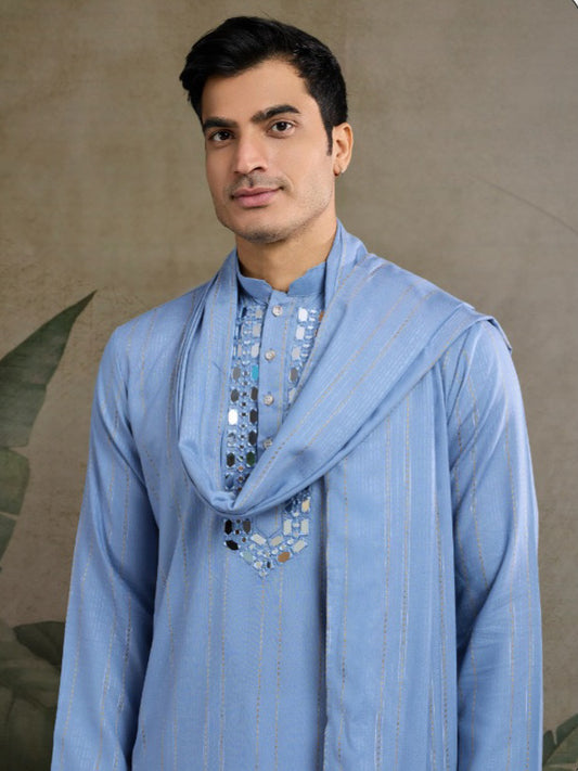 New Exclusive Festival Wear Real Mirror Work Men's Kurta Set With Dupatta Collection