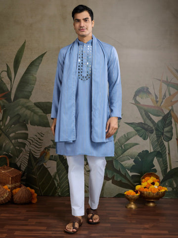 New Exclusive Festival Wear Real Mirror Work Men's Kurta Set With Dupatta Collection