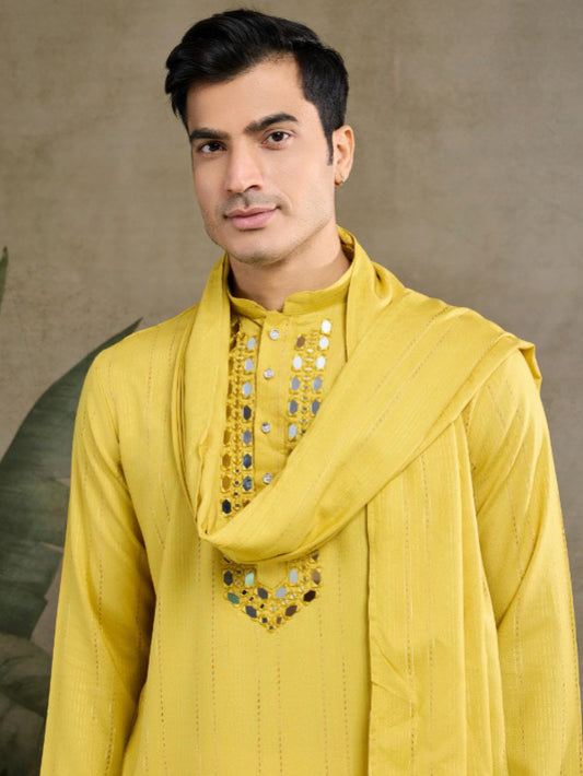 New Exclusive Festival Wear Real Mirror Work Men's Kurta Set With Dupatta Collection