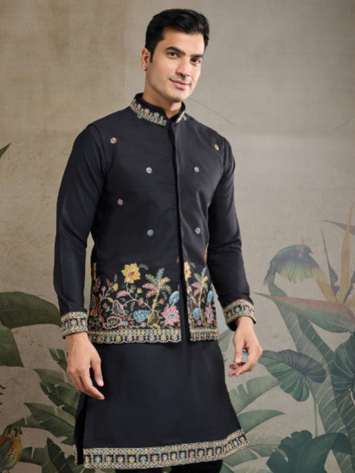 Men’s Koti Style Cotton Kurta Set with Thread & Sequin Work