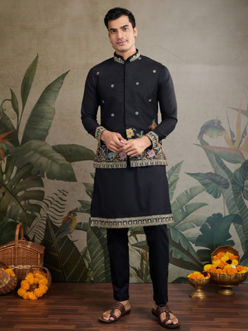Men’s Koti Style Cotton Kurta Set with Thread & Sequin Work