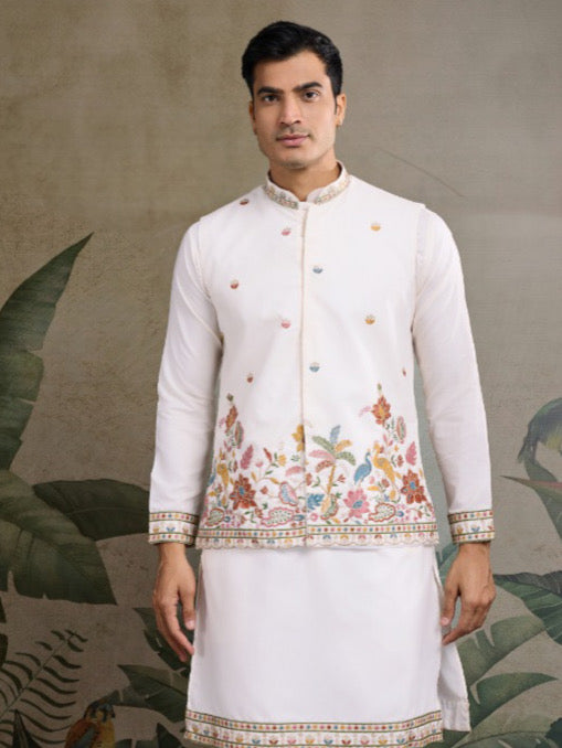 Men’s Koti Style Cotton Kurta Set with Thread & Sequin Work