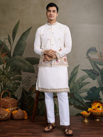 Men’s Koti Style Cotton Kurta Set with Thread & Sequin Work