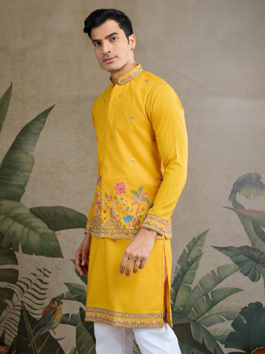 Men’s Koti Style Cotton Kurta Set with Thread & Sequin Work
