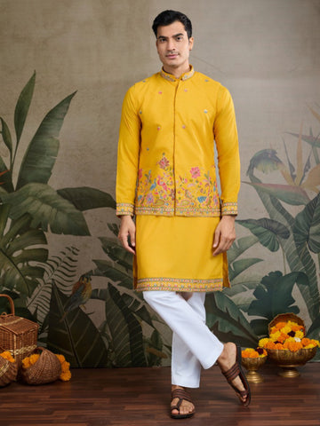 Men’s Koti Style Cotton Kurta Set with Thread & Sequin Work