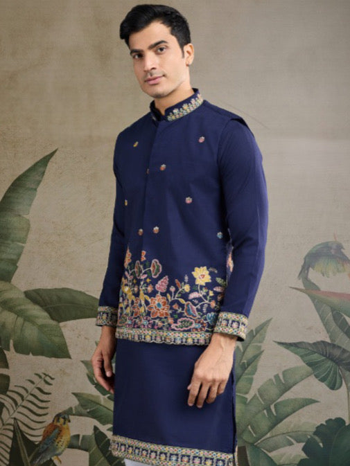 Men’s Koti Style Cotton Kurta Set with Thread & Sequin Work