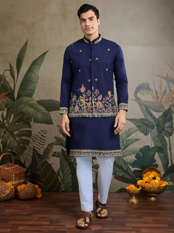 Men’s Koti Style Cotton Kurta Set with Thread & Sequin Work