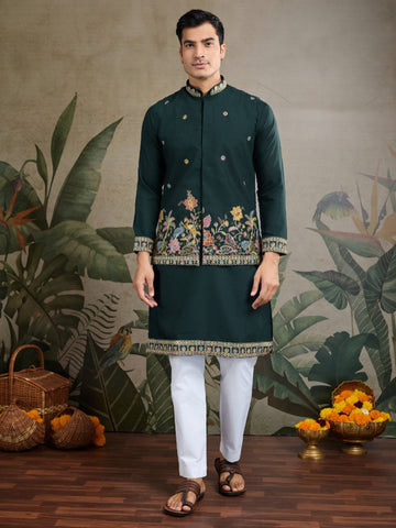 Men’s Koti Style Cotton Kurta Set with Thread & Sequin Work