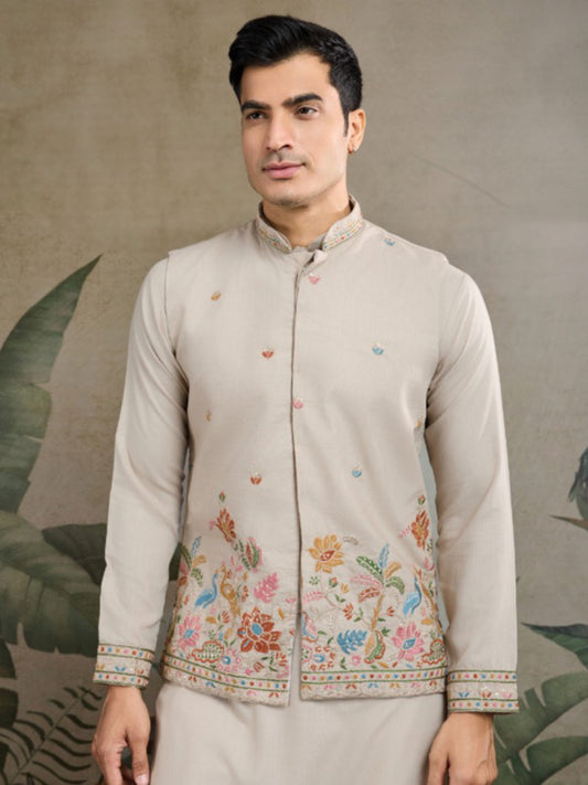 Men’s Koti Style Cotton Kurta Set with Thread & Sequin Work