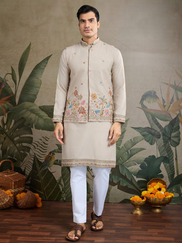 Men’s Koti Style Cotton Kurta Set with Thread & Sequin Work
