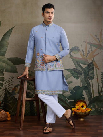 Men’s Koti Style Cotton Kurta Set with Thread & Sequin Work
