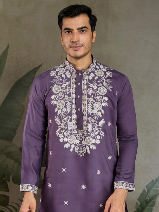 Thread Embroidered Kurta Set for Men – Heavy Rayon in Pastel Purple