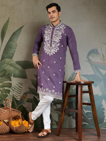 Thread Embroidered Kurta Set for Men – Heavy Rayon in Pastel Purple
