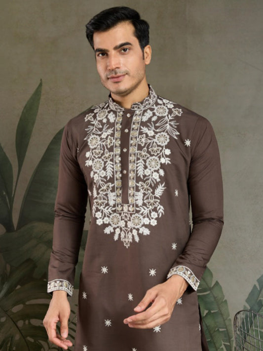 Thread Embroidered Kurta Set for Men – Heavy Rayon in Chocolate Gray