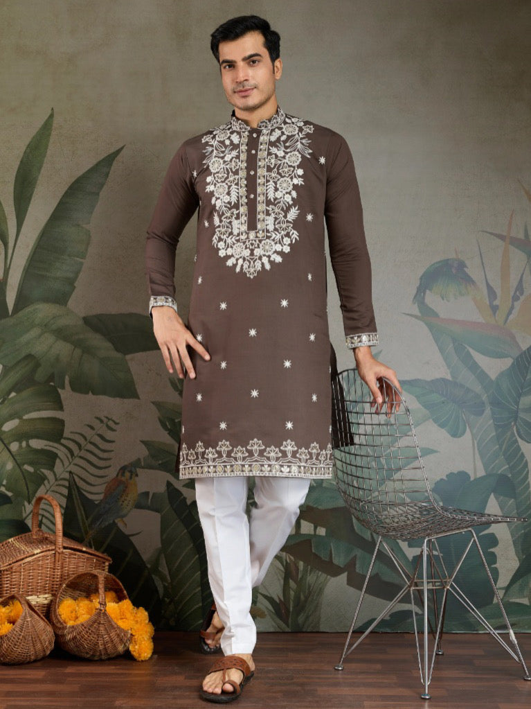 Thread Embroidered Kurta Set for Men – Heavy Rayon in Chocolate Gray