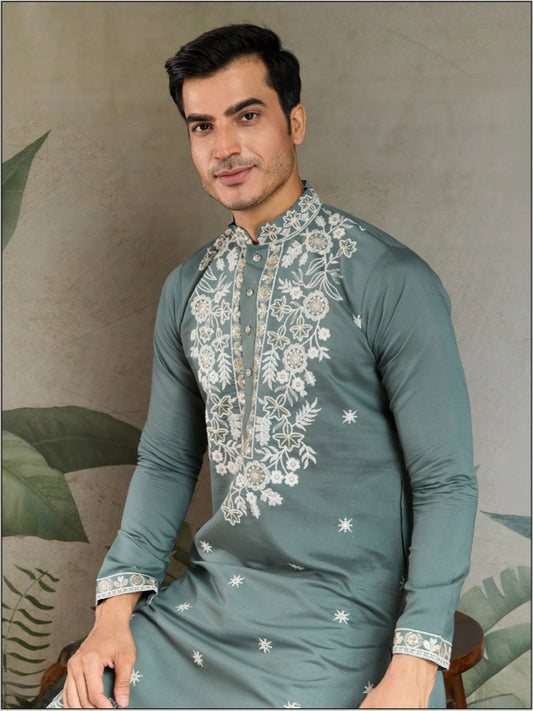 Thread Embroidered Kurta Set for Men – Heavy Rayon in Pastel Pista