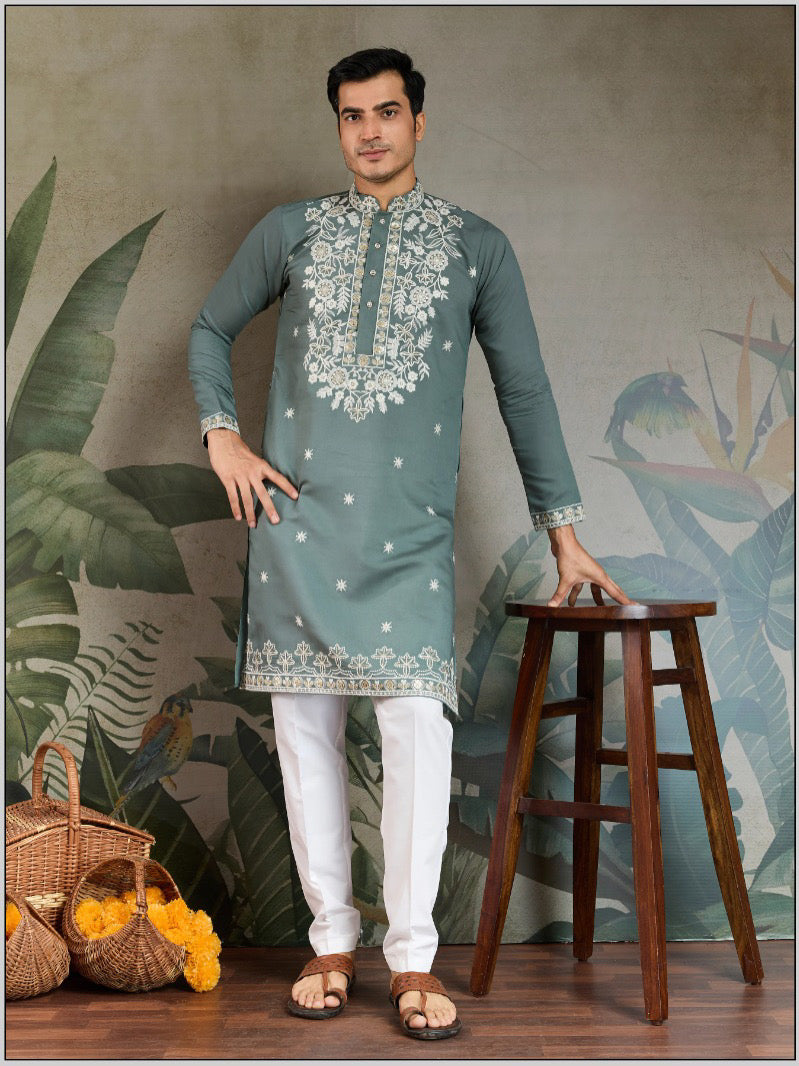 Olive Green Thread Embroidered Kurta Set Heavy Rayon For Men's