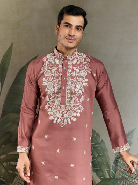 Thread Embroidered Kurta Set for Men – Heavy Rayon in Pastel Choloclate