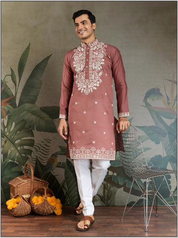 Dusty Rose Thread Embroidered Kurta Set Heavy Rayon For Men's
