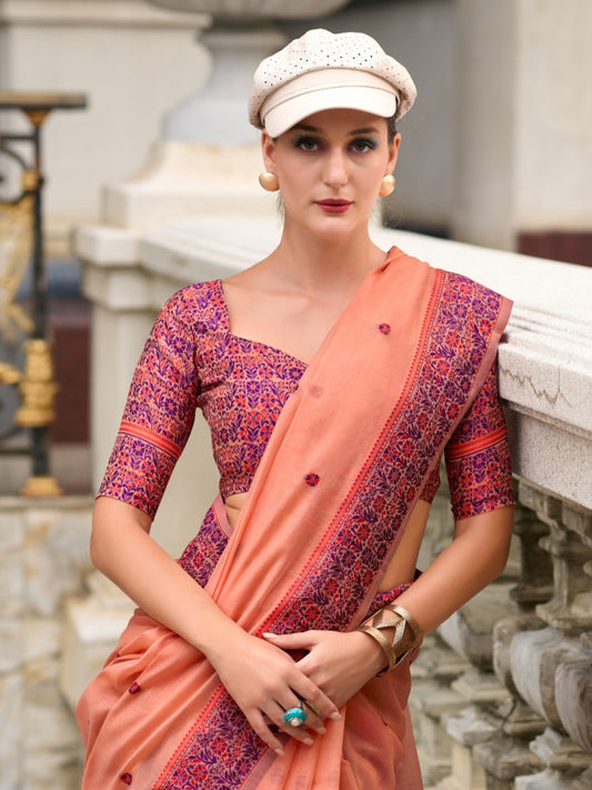 Festive Occasion Elegant Soft Linen Cotton Saree with Intricate Minakari Weaving Work