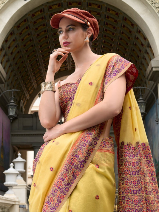 Festive Occasion Elegant Soft Linen Cotton Saree with Intricate Minakari Weaving Work