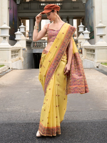 Festive Occasion Elegant Soft Linen Cotton Saree with Intricate Minakari Weaving Work