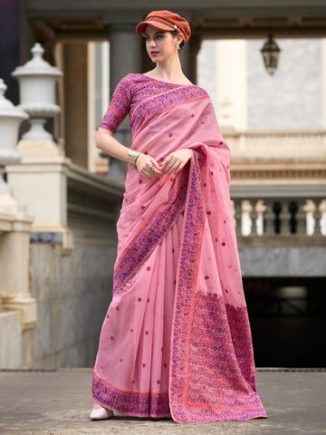 Festive Occasion Elegant Soft Linen Cotton Saree with Intricate Minakari Weaving Work