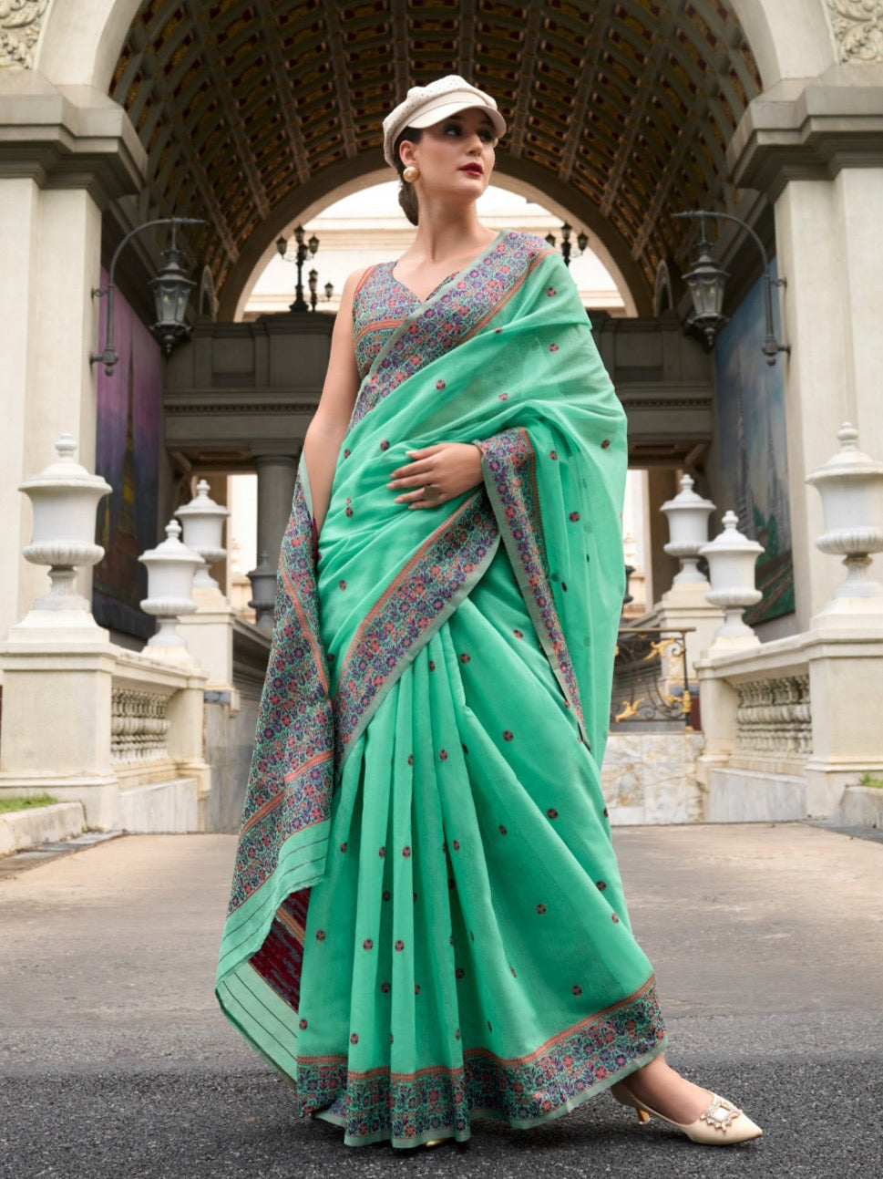 Festive Occasion Elegant Soft Linen Cotton Saree with Intricate Minakari Weaving Work