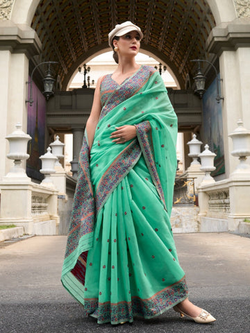 Festive Occasion Elegant Soft Linen Cotton Saree with Intricate Minakari Weaving Work