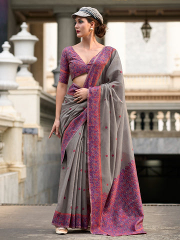 Festive Occasion Elegant Soft Linen Cotton Saree with Intricate Minakari Weaving Work