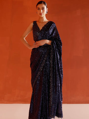 Elegant Fully Navy Blue Saree With Sequence Embroidery