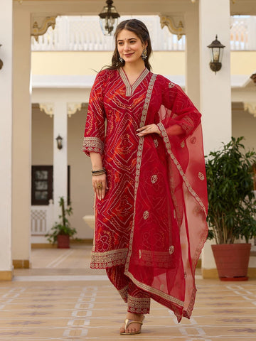 Red Viscose Rayon Embroidered Kurta Set with Organza Dupatta Designer Festive Wear for Women