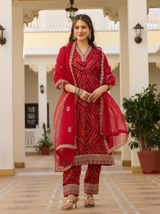 Red Viscose Rayon Embroidered Kurta Set with Organza Dupatta Designer Festive Wear for Women