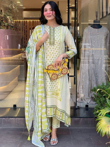 Light Green Lilen Cotton Embroidered Kurta Set with Chanderi Silk Dupatta Festive Wear for Women