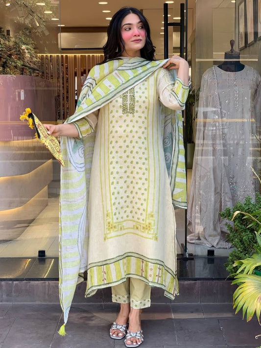 Light Green Lilen Cotton Embroidered Kurta Set with Chanderi Silk Dupatta Festive Wear for Women