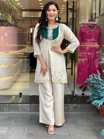 Elegant Cream Palazzo Set with Green Embroidered Women's Kurti – Festive Wear