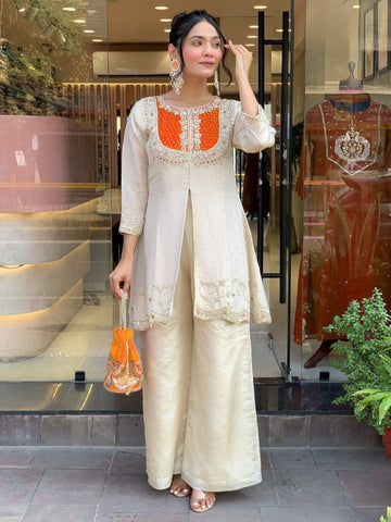 Cream Palazzo with Orange Kurtaset Embroidered for Women's
