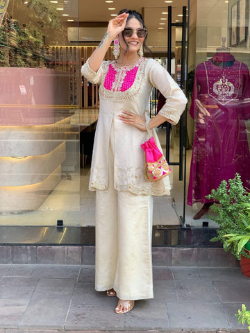 Cream Palazzo with Pink Kurtaset Embroidered For Women's