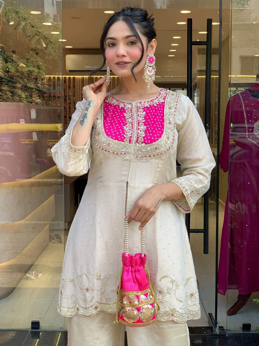 Cream Palazzo with Pink Kurtaset Embroidered For Women's