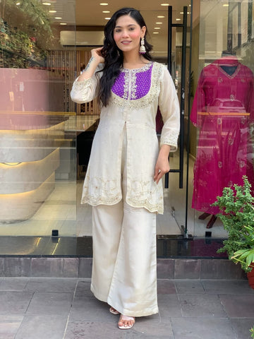 Cream Palazzo with Purple Kurtaset Embroidered For Women's