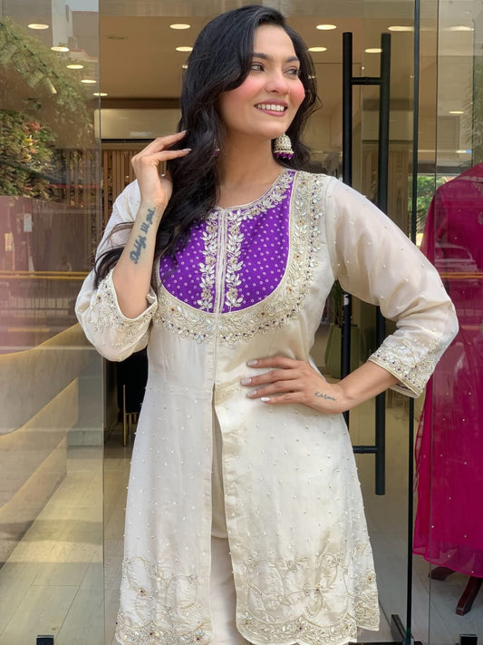 Cream Palazzo with Purple Kurtaset Embroidered For Women's