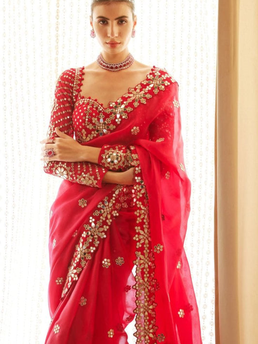 Red Celebrity Saree with Sequin Embroidery Bollywood Partywear Saree for Women